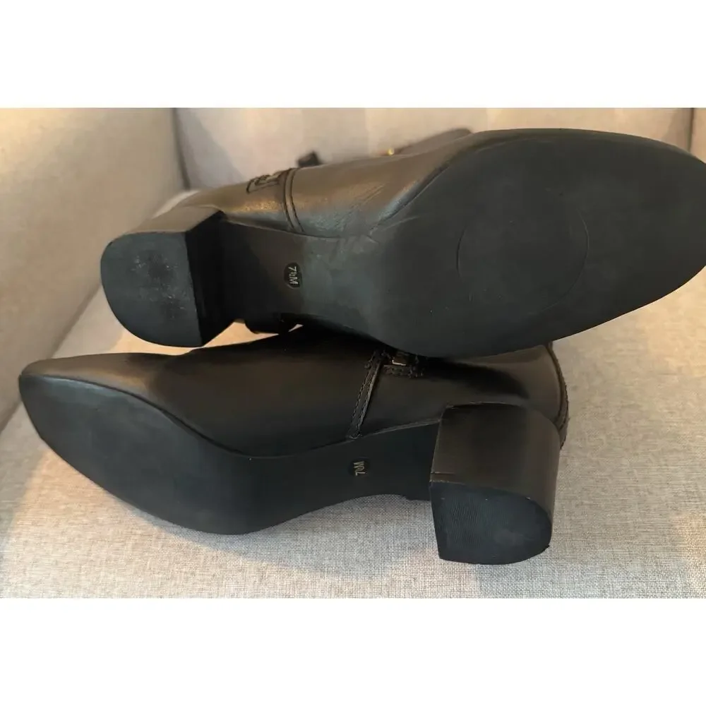 Tory Burch Donavan Riding Boots Black Leather Gold Logo Harness Knee High 7.5 - Picture 9 of 16